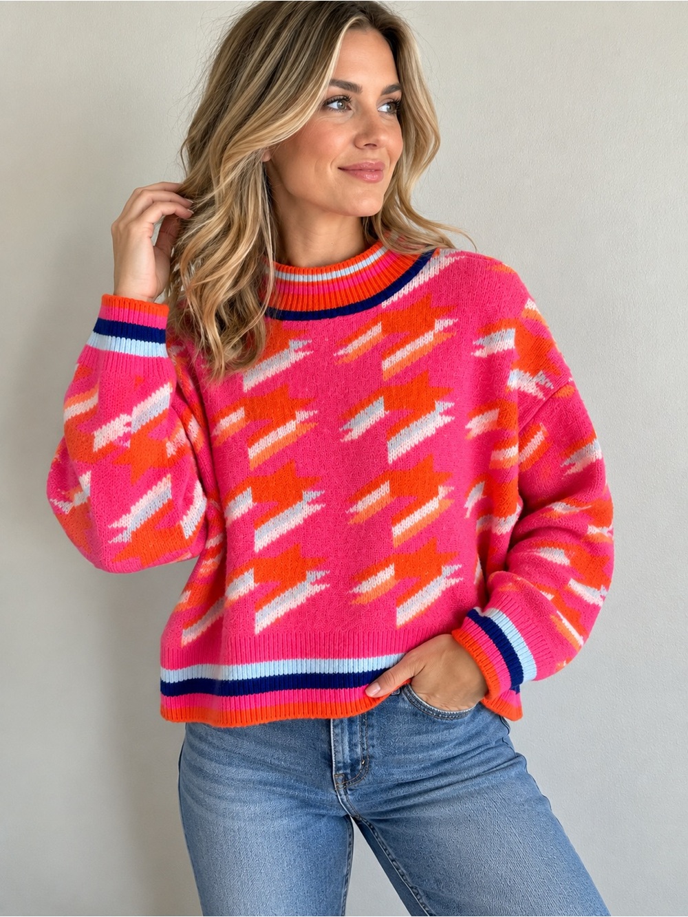THML Bright Pink & Orange Patterned Crewneck Sweater